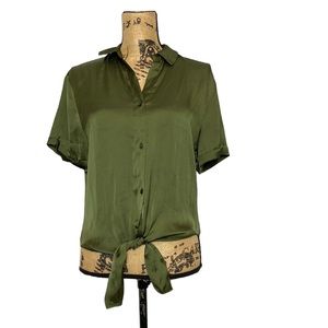 Cloudchaser Green Silky Tie-Front Roll-Cuff Blouse M